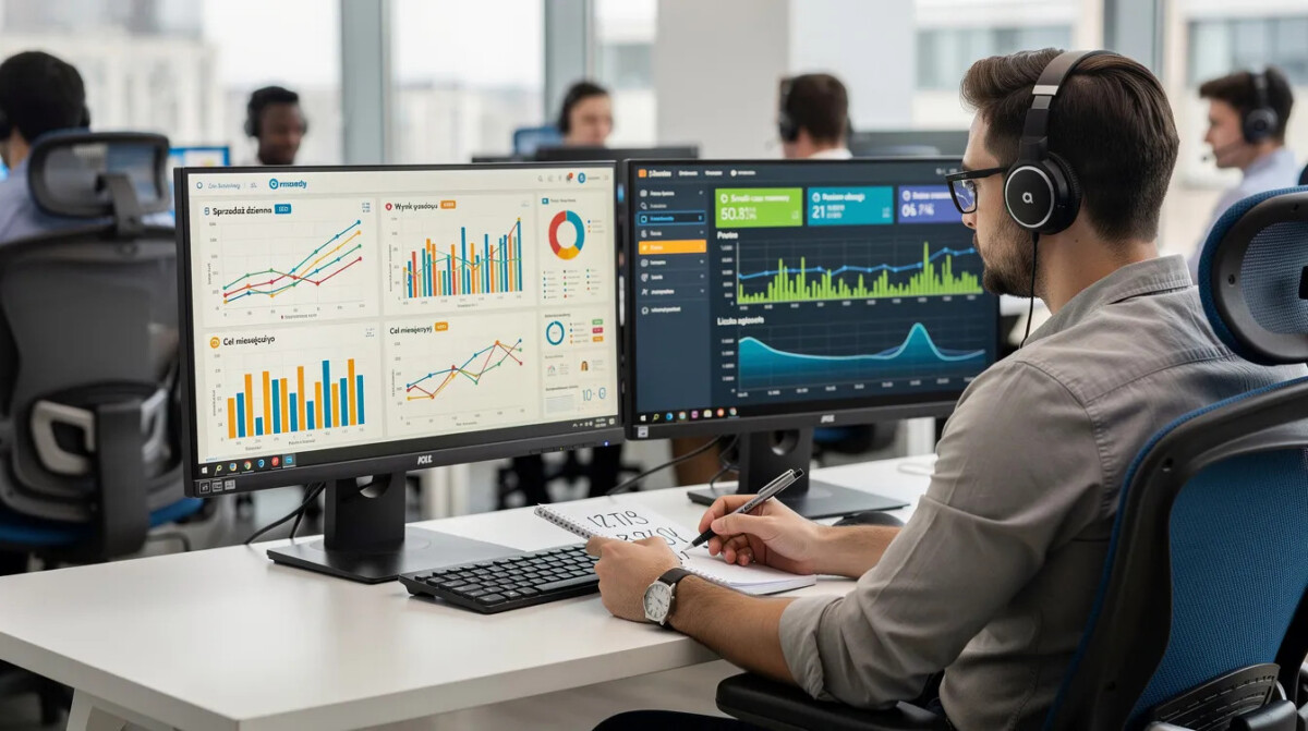 Analityk w biurze contact center przegląda wykresy dotyczące wskaźników satysfakcji klientów, takich jak csat i customer effort score, analizując dane dotyczące jakości obsługi klienta oraz poziomu zadowolenia klientów. Na monitorze widoczne są różne trendy i oceny, które pomogą w optymalizacji oferty i poprawie doświadczenia klientów.