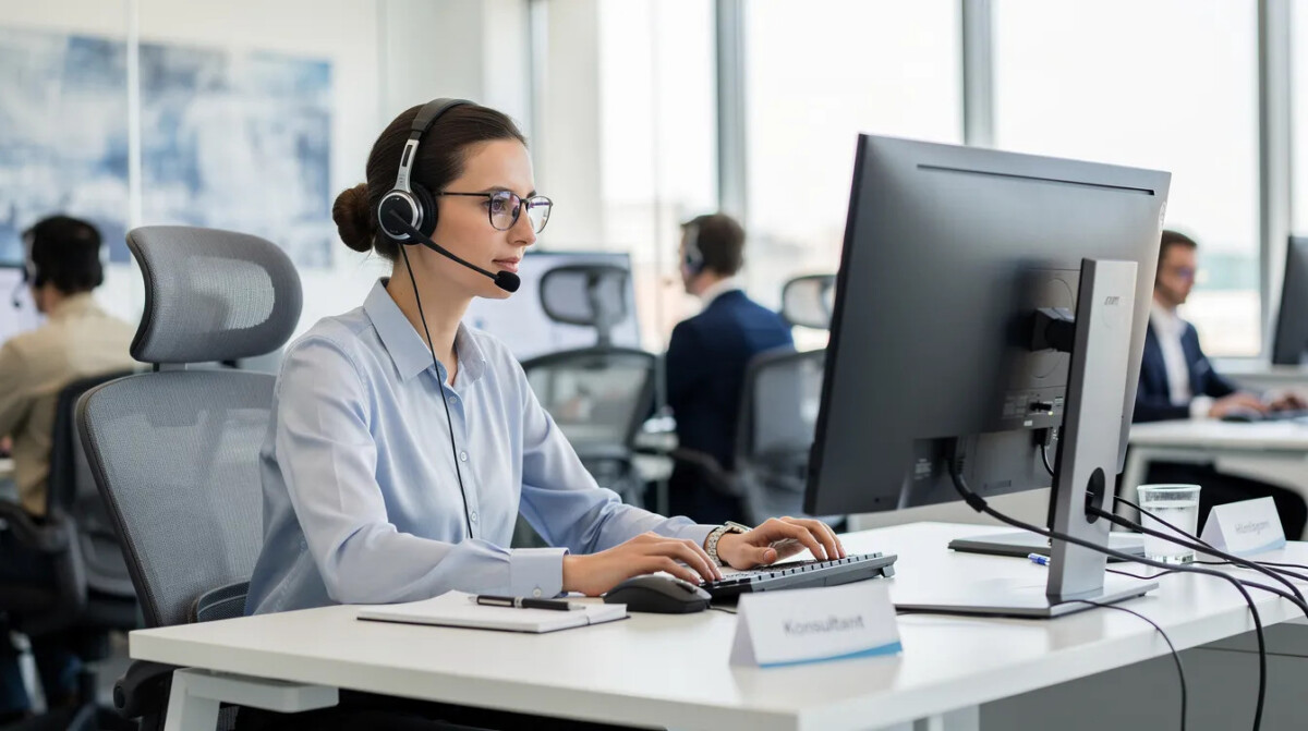 Na zdjęciu widoczny jest konsultant pracujący przy biurku w nowoczesnym biurze contact center, wyposażony w zestaw słuchawkowy. Jego codzienna praca koncentruje się na efektywnym wsparciu klientów oraz analizie danych, co jest kluczowe w kontekście wdrożenia nowego systemu obsługi klienta.
