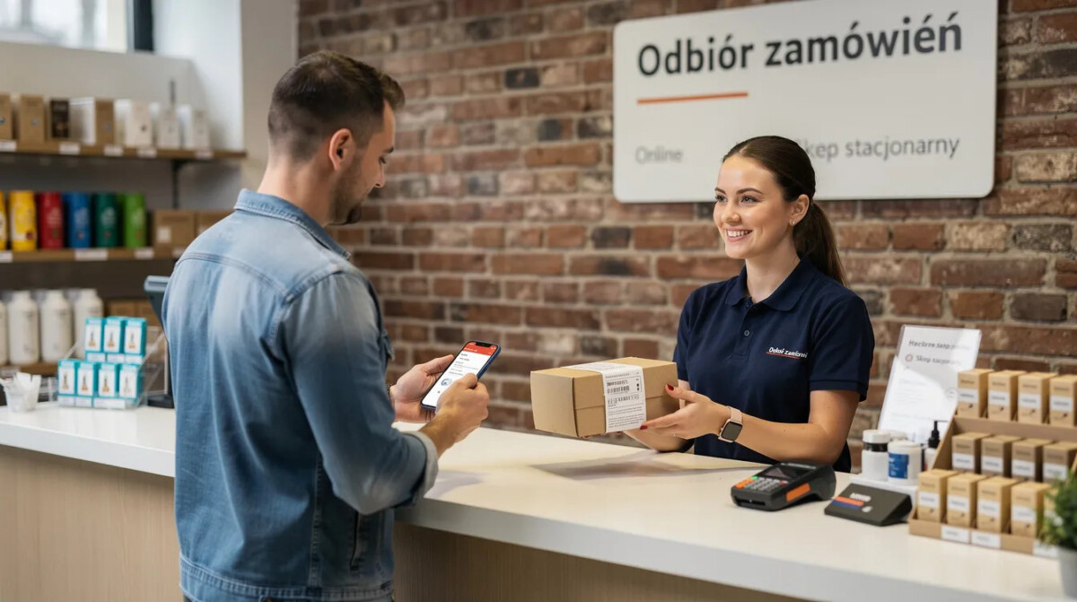 Na zdjęciu widoczny jest klient odbierający zamówienie przy ladzie w sklepie stacjonarnym, co ilustruje spójność działań marketingowych online i offline oraz ich kluczowe znaczenie w budowaniu relacji z klientami. Scena podkreśla znaczenie punktów kontaktu w strategii marketingowej oraz wpływ tradycyjnych metod na decyzje zakupowe.