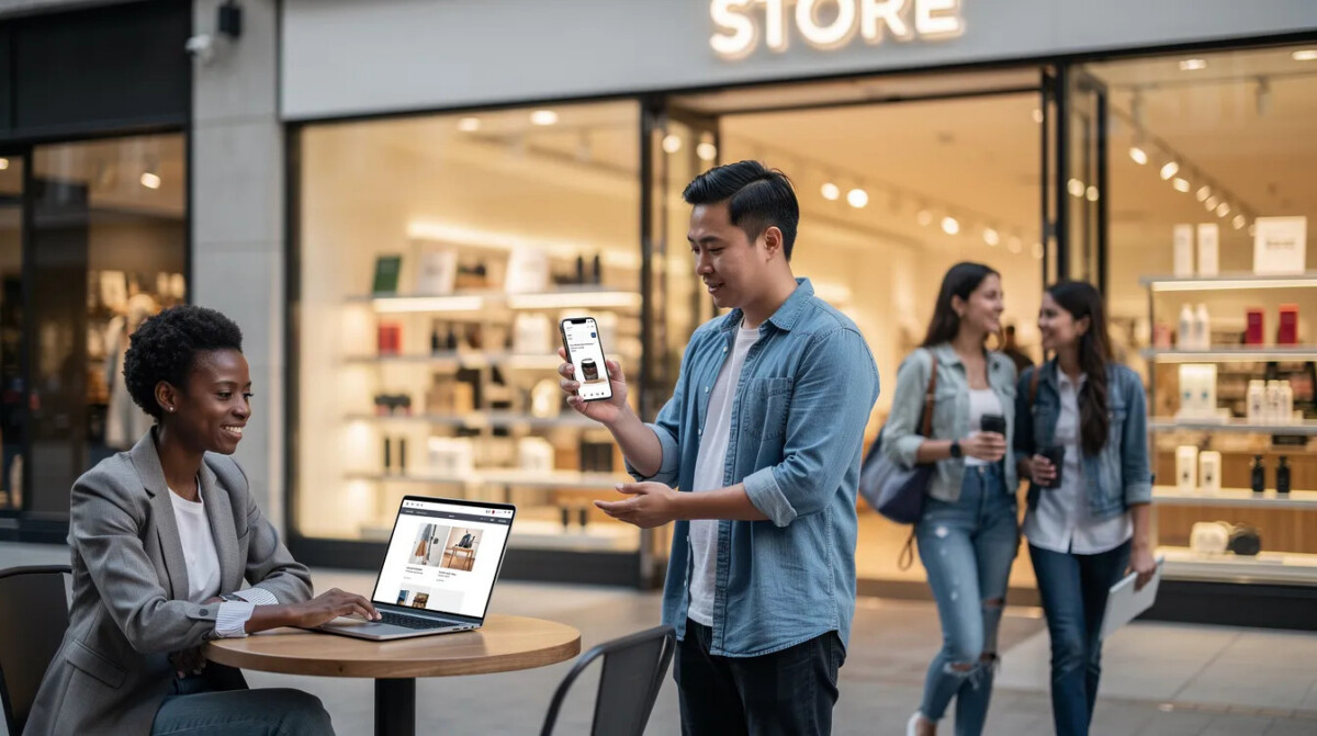 Na obrazku widać różnorodnych klientów korzystających jednocześnie z smartfona, laptopa oraz odwiedzających stacjonarny sklep. Scena ilustruje nowoczesne doświadczenie klienta, gdzie klienci mogą sprawdzać dostępność produktów w czasie rzeczywistym, co wpływa na ich lojalność oraz wyniki sprzedażowe.