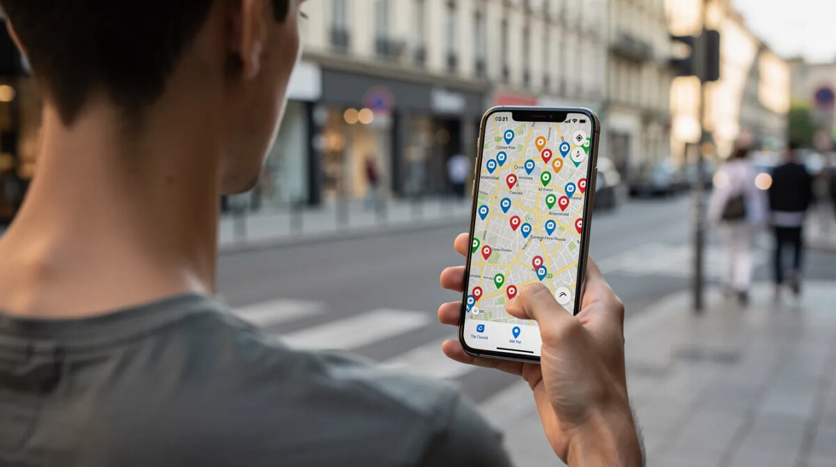 Na zdjęciu widać osobę przeglądającą mapę na smartfonie, na której zaznaczone są różne pinezki lokalizacji w mieście. Taka mapa może pomóc potencjalnym klientom w podejmowaniu decyzji zakupowych, uwzględniając opinie Google Maps oraz reputację firmy.