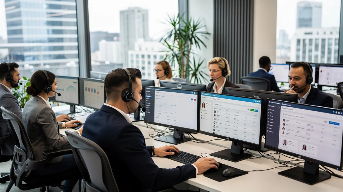 Na zdjęciu widoczny jest zespół konsultantów contact center pracujących w nowoczesnym biurze, każdy z nich ma na sobie zestaw słuchawkowy i skupia się na komputerze. Ich praca koncentruje się na poprawie doświadczenia klienta oraz ocenie wysiłku klienta (customer effort score), co wpływa na ogólną satysfakcję klientów.