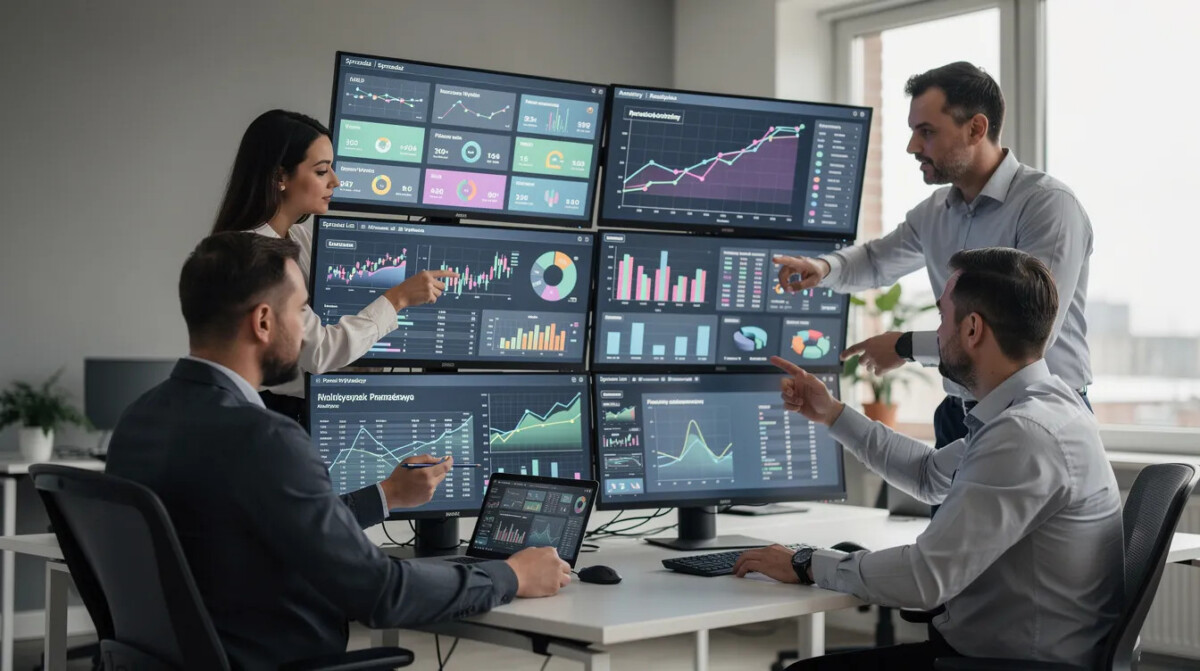Na zdjęciu zespół pracowników w biurze analizuje dane na monitorach, gdzie wyświetlane są wykresy i dashboardy. Ich praca koncentruje się na zbieraniu feedbacku i analizie potrzeb klientów, co pozwala na lepsze zrozumienie doświadczeń użytkowników.