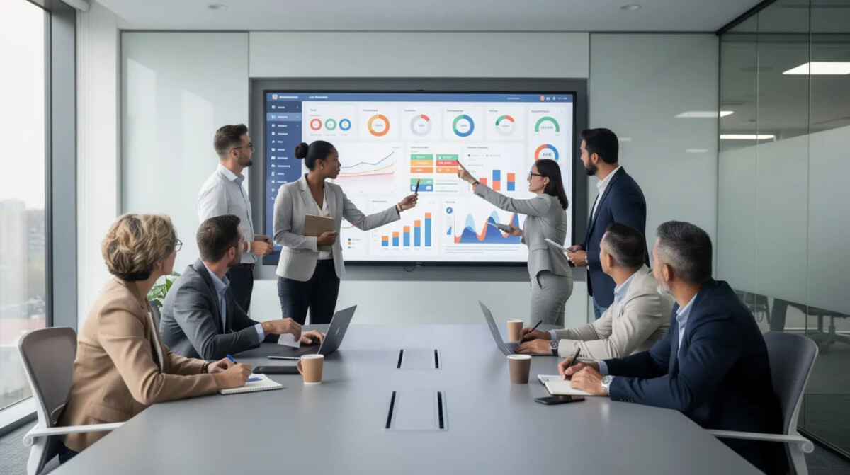 Na dużym ekranie widać zespół analityków, którzy pracują z dashboardem danych, analizując informacje dotyczące zaufania klientów w e-commerce. Ich działania mają na celu budowanie relacji oraz zwiększenie zaufania klientów do sklepu internetowego poprzez transparentność i bezpieczeństwo transakcji.