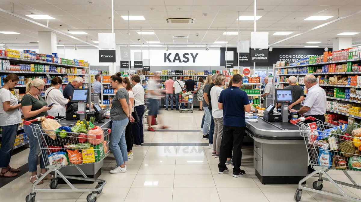 W ruchliwej przestrzeni handlowej klienci stoją w kolejce do kas w dużym sklepie, co odzwierciedla ich oczekiwania dotyczące jakości produktów i doświadczenia klientów. W tle widać pracowników obsługujących klientów oraz różnorodne produkty na półkach, co podkreśla konkurencję w obszarze sprzedaży.