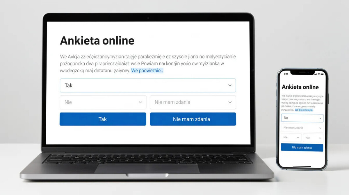 Na obrazie porównano ekran laptopa i smartfona, na którym widoczna jest ankieta online, ukazując różnicę w wielkości interfejsu. Takie badania internetowe mogą wpływać na jakość danych i skuteczność uzyskiwanych odpowiedzi od respondentów.