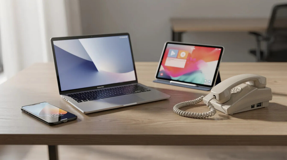 Na biurku znajdują się różne urządzenia komunikacyjne: smartfon, laptop, tablet oraz telefon stacjonarny, co może ułatwić użytkownikom wypełnianie ankiet internetowych i uzyskiwanie odpowiedzi na pytania badawcze. Różnorodność tych urządzeń może pomóc w lepszym zrozumieniu potrzeb grupy docelowej oraz zminimalizować błąd braku odpowiedzi.