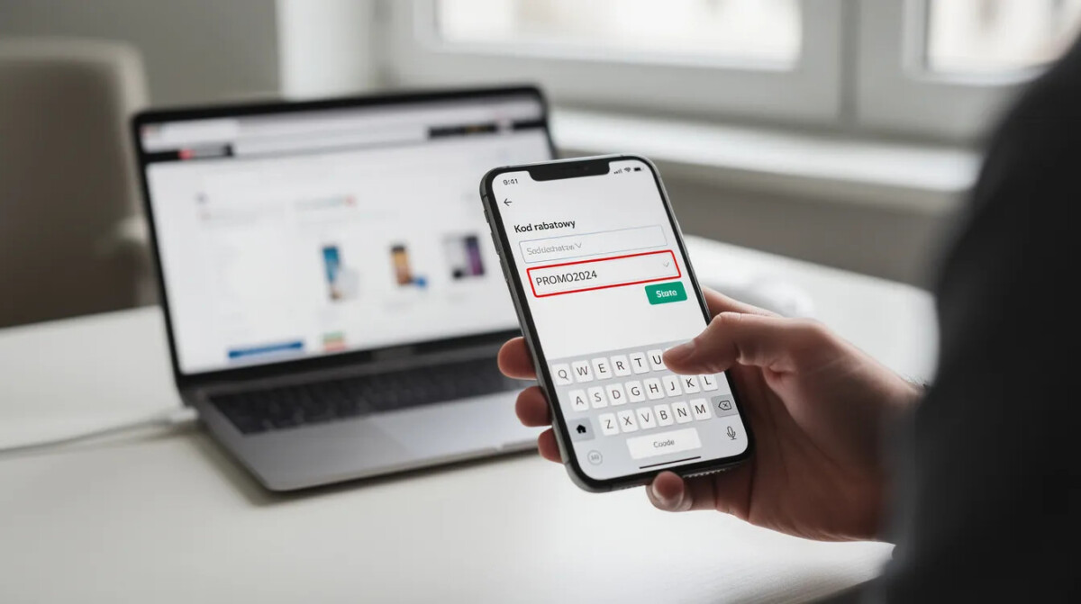 Na obrazku widzimy osobę stojącą przy kasie sklepu internetowego, która z uwagą wpisuje kod rabatowy na ekranie swojego smartfona. Ta chwila podkreśla znaczenie pozytywnych doświadczeń klienta oraz satysfakcji związanej z zakupami online.