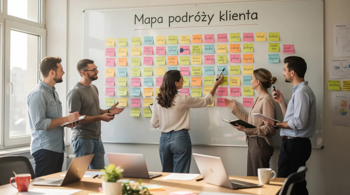 Na zdjęciu zespół pracuje nad mapą podróży klienta, stojąc przy dużej tablicy pokrytej kolorowymi notatkami. Widać ich zaangażowanie w analizę i konstrukcję pytań ankiety, co ma na celu lepsze zrozumienie potrzeb grupy docelowej oraz redukcję błędu braku odpowiedzi w badaniach ankietowych.