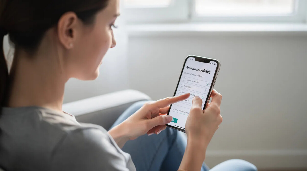 Na zdjęciu widoczna jest kobieta, która korzysta z telefonu komórkowego, wypełniając ankietę na ekranie smartfona. Jej działania mogą przyczynić się do zbierania feedbacku klientów, co jest istotnym elementem w programie voice of customer.