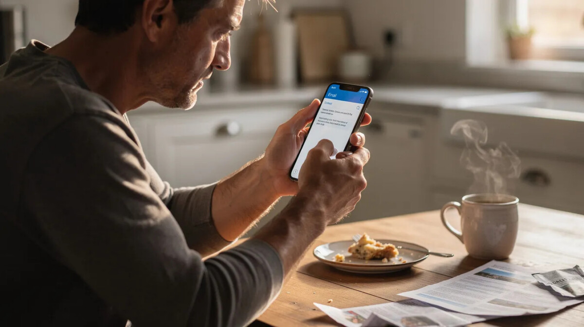 A person is sitting at a kitchen table, focused on reading an email on their smartphone, which may contain a customer satisfaction survey invitation. The scene captures the importance of effective email subject lines and best practices to increase survey response rates.