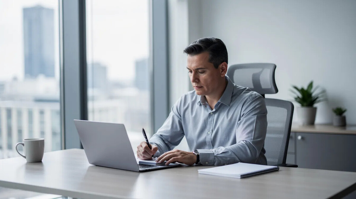 A professional sits at a desk, focused on a laptop and taking notes in a notebook, representing the importance of gathering customer feedback through surveys to enhance customer satisfaction and business growth. The image highlights a workspace that encourages data-driven decisions and effective communication, essential for increasing survey response rates.