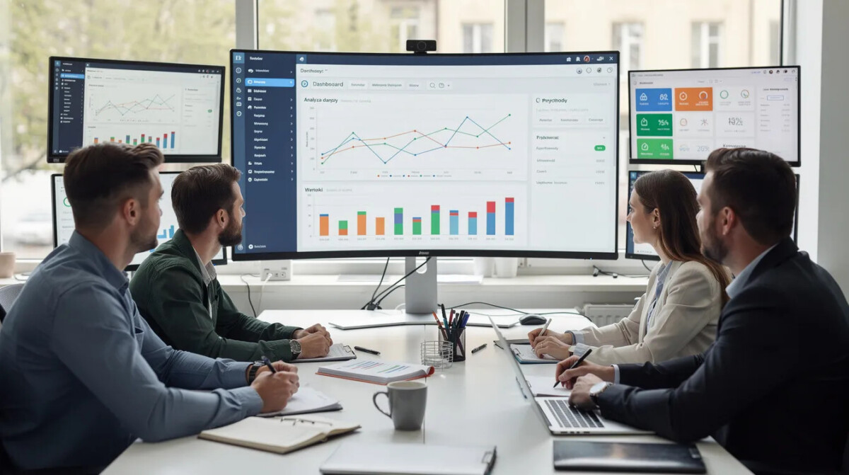 Na obrazie zespół pracowników analizuje dane na monitorze, na którym wyświetlane są wykresy i dashboard. Ich praca koncentruje się na zrozumieniu potrzeb klientów oraz zbieraniu feedbacku, co pozwala na podejmowanie trafniejszych decyzji w kontekście poprawy zadowolenia klientów.