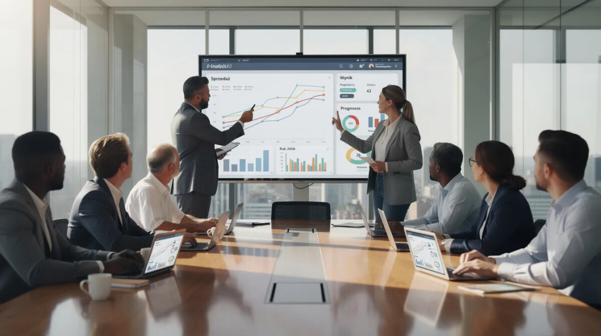 Zespół pracowników analizuje dane na dużym monitorze w sali konferencyjnej, korzystając z technologii sztucznej inteligencji w czasie rzeczywistym. Wspólnie omawiają strategie i zadania, aby efektywnie reagować na ważne informacje i alerty związane z projektem.
