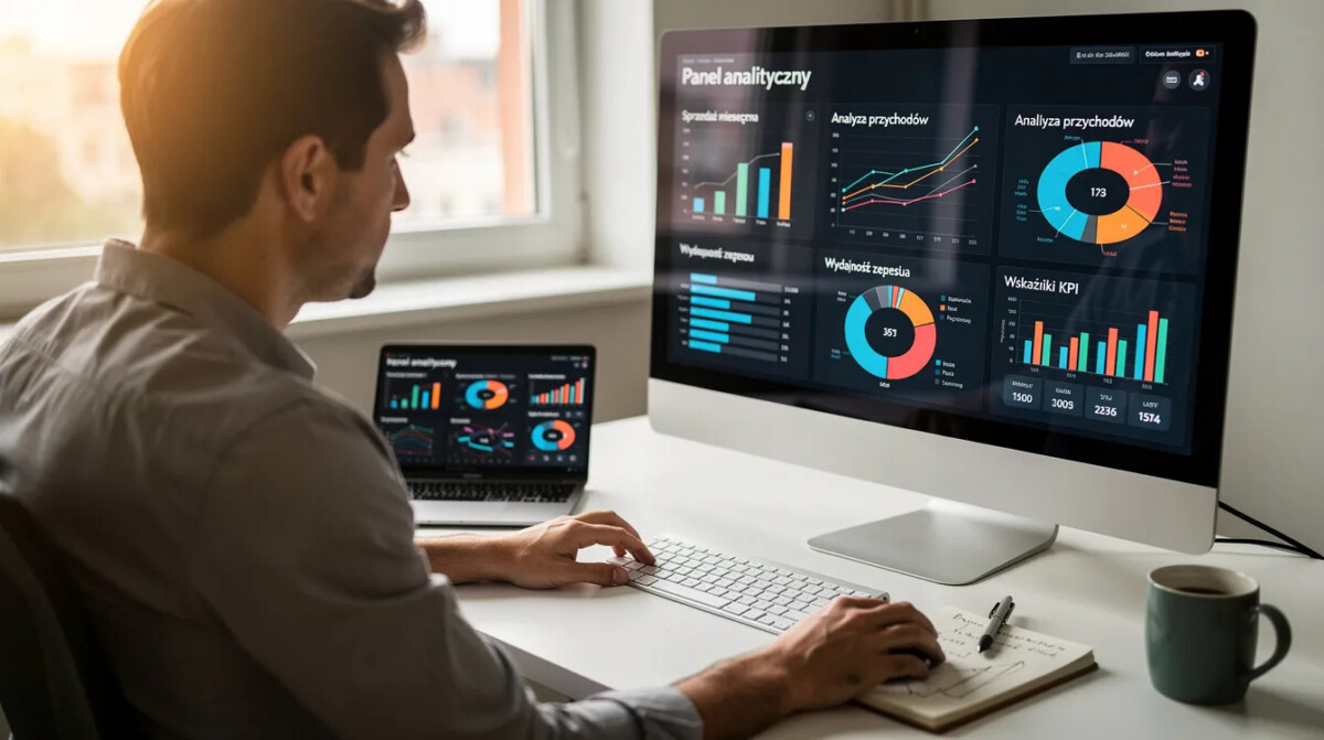 Analityk siedzi przed komputerem, przeglądając dashboardy z wykresami, które ilustrują wyniki analizy danych. Obrazek ukazuje codzienną pracę w miejscu pracy, gdzie wykorzystanie sztucznej inteligencji wspiera proces udzielania informacji zwrotnej i identyfikację kluczowych problemów.