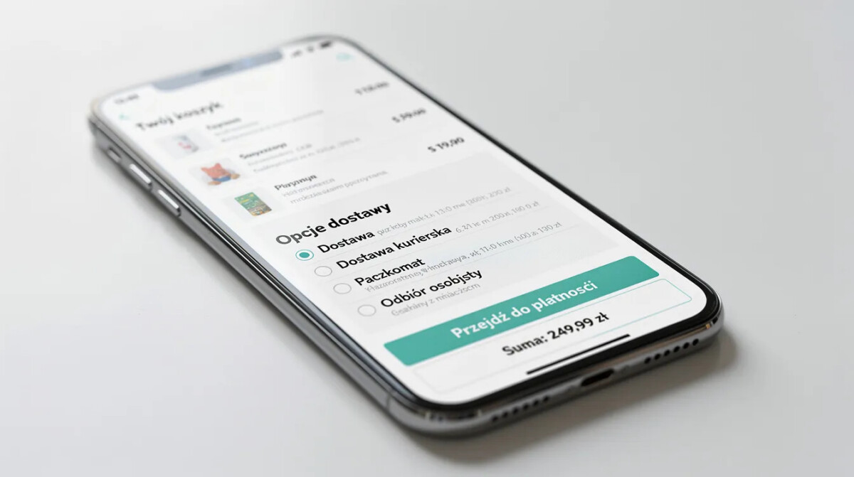 Ekran smartfona przedstawia proces checkout w sklepie internetowym, z widocznym koszykiem oraz opcjami dostawy. Interfejs użytkownika został zaprojektowany z myślą o skutecznej komunikacji i optymalizacji doświadczeń użytkownika, co jest kluczowe w kontekście stron internetowych.