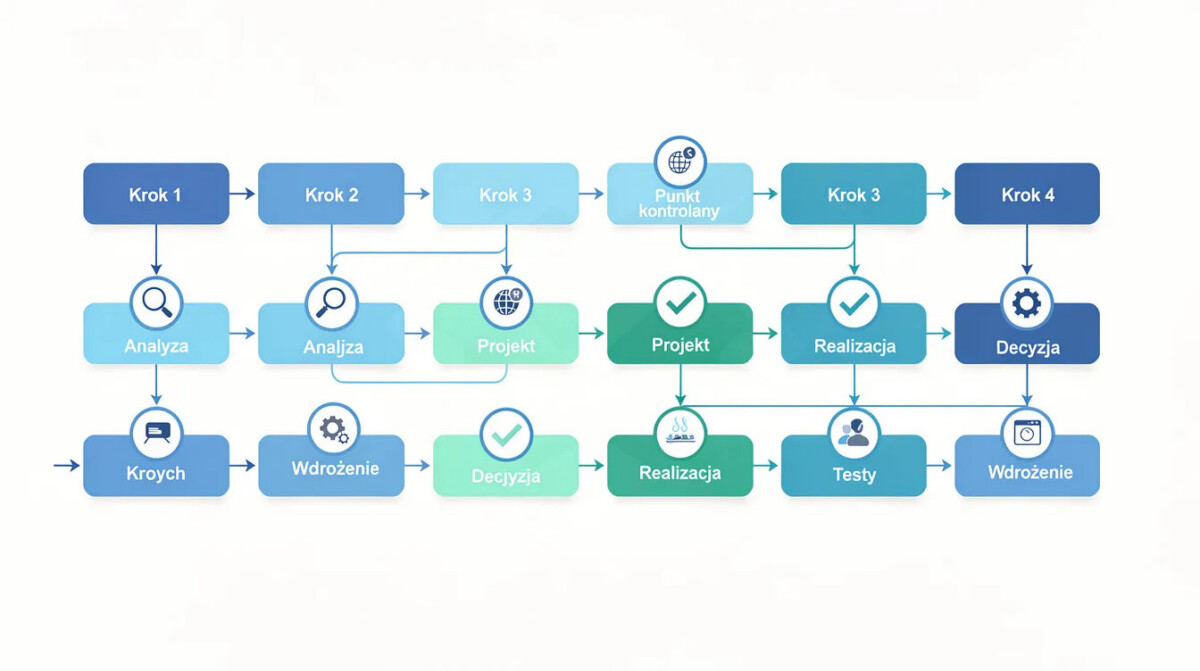 Schematyczny obraz przedstawia proces workflow z wieloma krokami, strzałkami i punktami kontrolnymi w tonacji niebiesko-zielonej, ilustrując sposób zbierania feedbacku od klientów oraz analizowania ich potrzeb. Wizualizacja ta podkreśla znaczenie pozytywnego feedbacku w zwiększaniu satysfakcji klientów i poprawie usług.