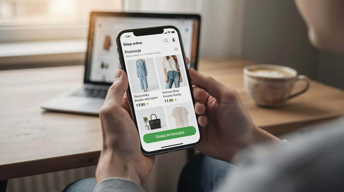 Na zdjęciu widzimy osobę korzystającą z aplikacji mobilnej na smartfonie podczas zakupów online. Scena ilustruje aspekty doświadczenia klienta, takie jak łatwość zakupu oraz satysfakcję klienta z procesu zakupowego.