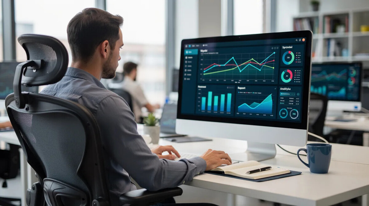 Analityk siedzi przy biurku, przeglądając wykresy i dashboardy na monitorze komputera, analizując dane dotyczące doświadczenia klienta oraz wskaźników satysfakcji, takich jak customer satisfaction score i customer effort score. W tle widać biurowe otoczenie, co podkreśla profesjonalny charakter jego pracy.