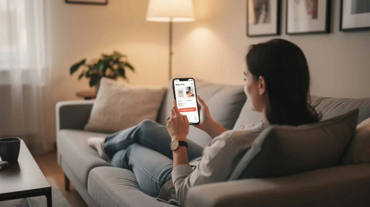 Na zdjęciu widoczna jest osoba siedząca na kanapie, korzystająca ze smartfona i przeglądająca aplikację zakupową. Scena ilustruje, jak mobilne aplikacje mogą zwiększać satysfakcję klientów poprzez intuicyjny interfejs, co wspiera zbieranie feedbacku na temat doświadczeń użytkowników.