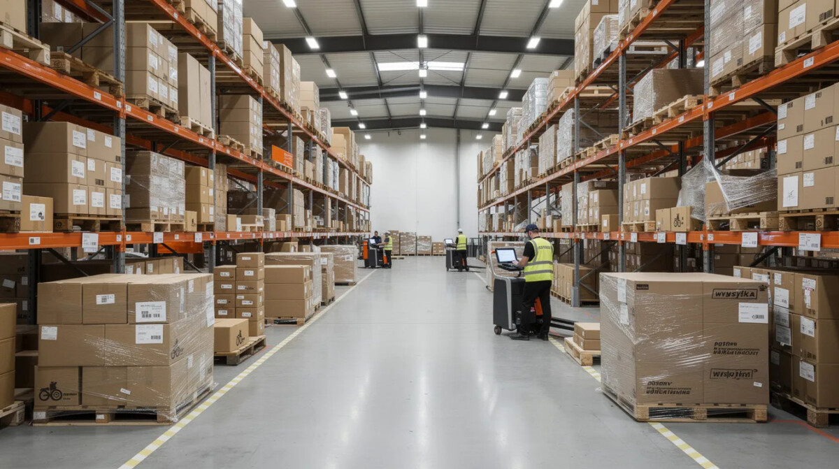 Na zdjęciu znajduje się magazyn e-commerce, w którym widoczne są paczki starannie przygotowane do wysyłki. W tle można dostrzec regały z produktami, co podkreśla efektywność procesu zakupowego w sklepie internetowym.