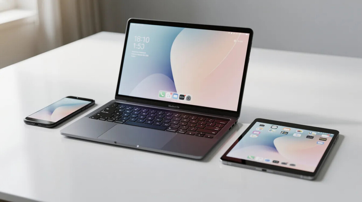 Na czystym stole znajdują się różne urządzenia cyfrowe, w tym smartfon, tablet i laptop, które mogą być używane do zarządzania dokumentami oraz szybkim wyszukiwaniu informacji. Obraz ilustruje nowoczesne podejście do technologii i interakcji użytkownika z oprogramowaniem.