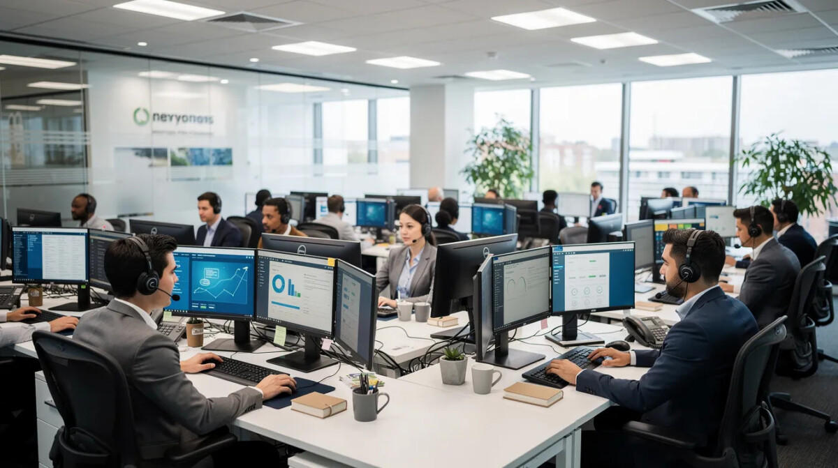 Obrazek przedstawia ruchliwy centrum obsługi klienta, gdzie agenci w słuchawkach pracują przy biurkach, zajęci rozmowami telefonicznymi z klientami. W kontekście badań satysfakcji klienta, ich praca ma bezpośredni wpływ na poziom zadowolenia klientów oraz lojalność wobec firmy.