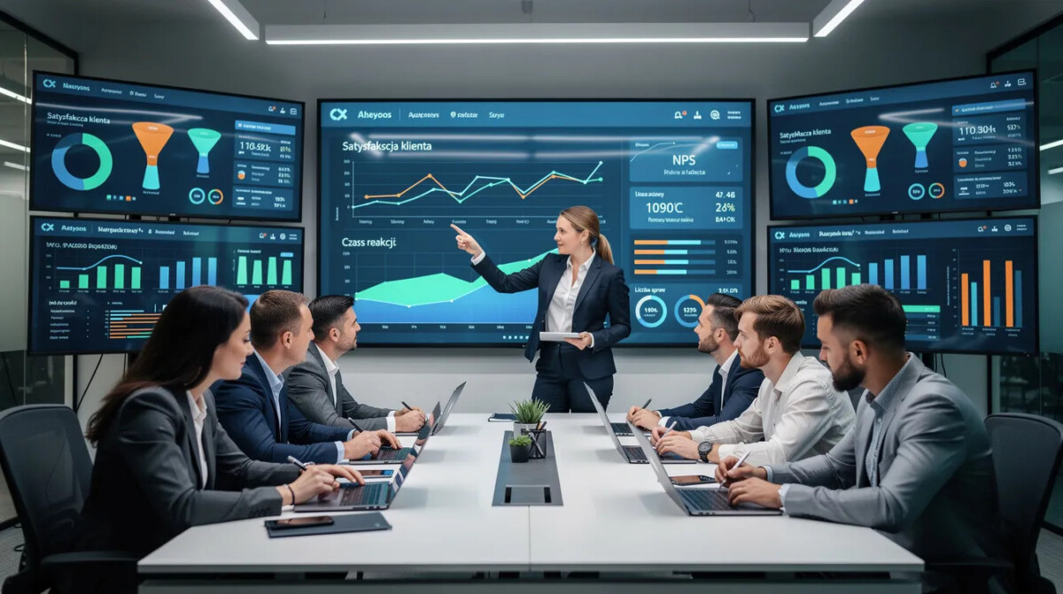 Na zdjęciu widać zespół analityków pracujących z dużymi ekranami, na których wyświetlane są dashboardy związane z doświadczeniem klienta (CX). Analitycy analizują dane w czasie rzeczywistym, co pozwala im na efektywne zbieranie informacji o interakcjach klientów zarówno w trybie online, jak i offline.