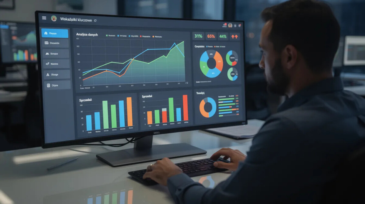 Na dużym monitorze widoczne są różnorodne wykresy i dashboardy z kolorowymi wskaźnikami, które osoba analizuje w kontekście procesu onboardingu pracownika, co może pomóc w przygotowaniu stanowiska pracy nowego pracownika oraz w jego efektywnym wdrożeniu. Analiza danych jest kluczowym elementem, który wspiera adaptację do nowego środowiska pracy i osiągnięcie pełnej produktywności.