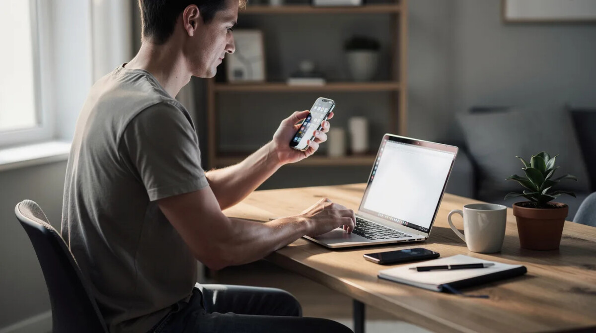 Na biurku znajduje się osoba, która jednocześnie korzysta z telefonu komórkowego i laptopa, co wskazuje na multitasking w pracy. Taki sposób pracy może być związany z procesem segmentacji rynku oraz badaniami cx, aby lepiej zrozumieć doświadczenia klientów i ich decyzje zakupowe.