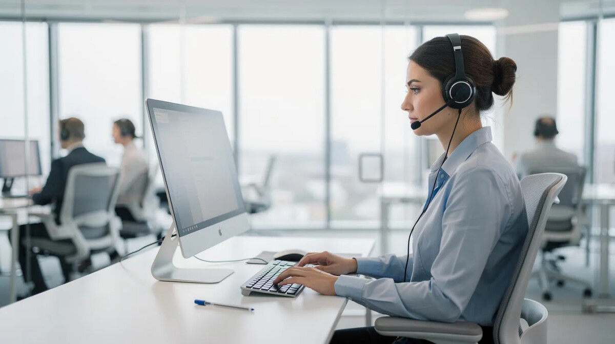 Na zdjęciu widać konsultanta contact center w słuchawkach, pracującego przy komputerze w nowoczesnym biurze. Jego zadaniem jest analiza rozmów oraz zrozumienie potrzeb klientów, co ma kluczowe znaczenie dla poprawy doświadczenia klienta i budowania pozytywnych relacji.