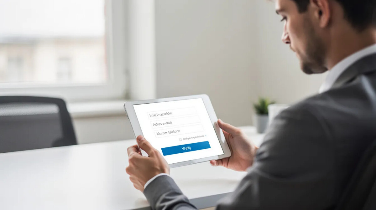 Na obrazku widać klienta korzystającego z tabletu, który wypełnia formularz online dotyczący satysfakcji klientów. Osoba ta angażuje się w proces obsługi klienta, co może wpłynąć na ocenę satysfakcji oraz wskaźnik csat związany z jakością usług.