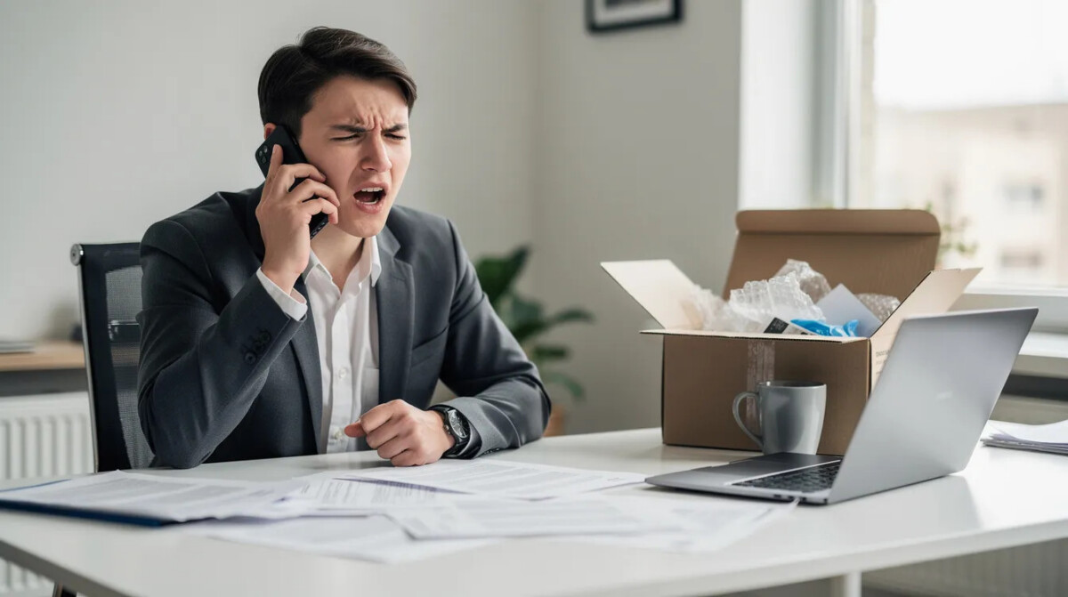 Na obrazku widzimy osobę siedzącą przy biurku, która rozmawia przez telefon z wyrazem frustracji na twarzy, w tle znajduje się otwarta paczka, co może sugerować problemy związane z reklamacją towaru lub niezgodnością produktu. Scena odzwierciedla sytuację, w której klient zgłasza swoje roszczenia dotyczące wadliwego towaru oraz stara się uzyskać pomoc w procesie obsługi reklamacji.