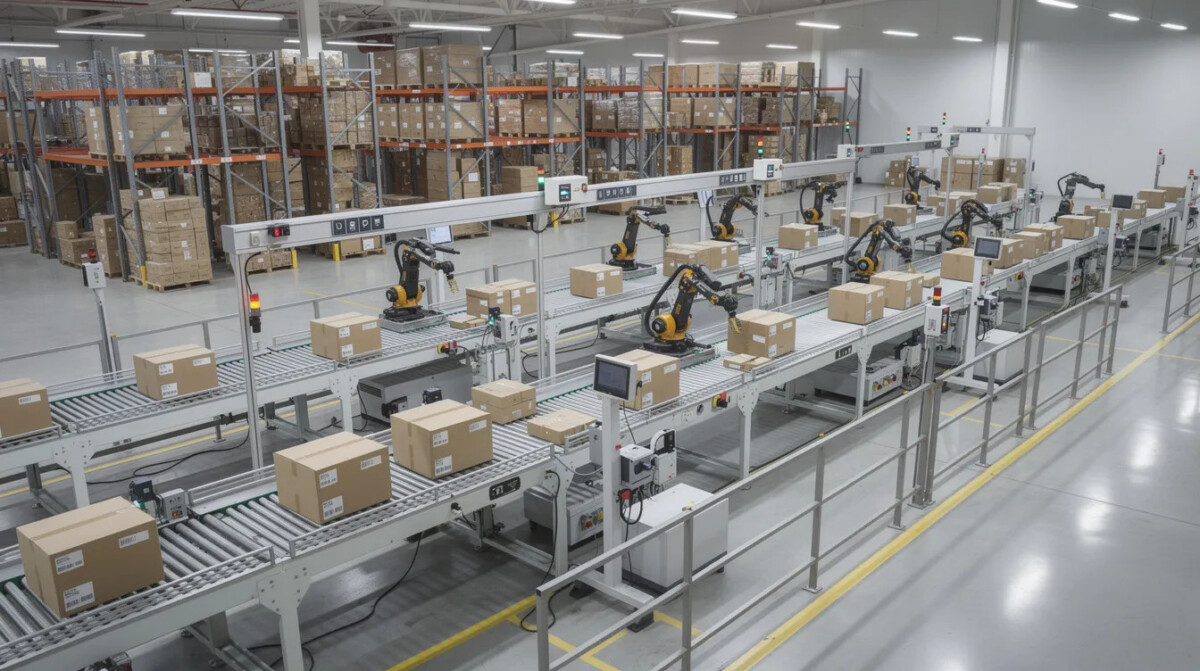Obraz przedstawia zautomatyzowany system taśmociągów w nowoczesnym magazynie, który efektywnie transportuje produkty, co wpływa na doświadczenia klienta oraz satysfakcję klientów. Tego rodzaju rozwiązania są kluczowe dla poprawy jakości obsługi klienta i zwiększenia lojalności klientów.