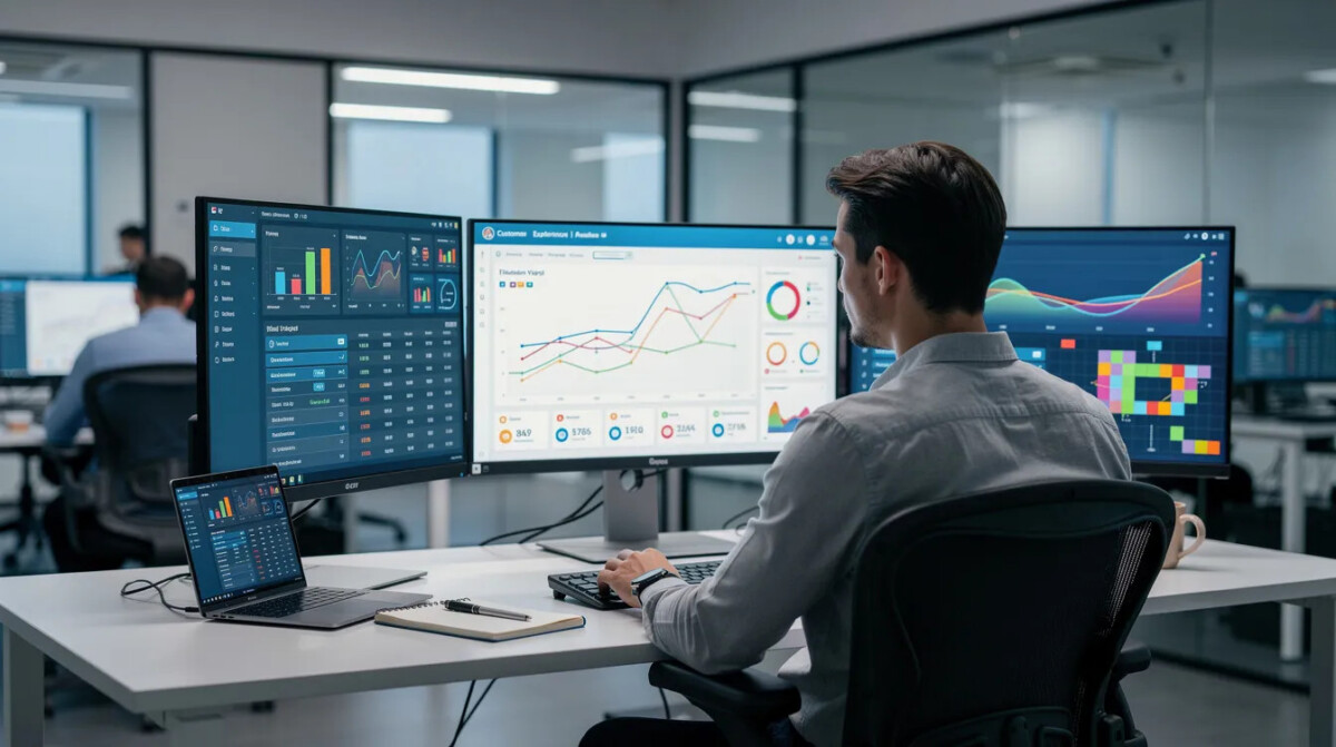 Analityk CX pracujący przy biurku z wieloma monitorami, na których wyświetlane są wykresy danych i dashboardy. Obecność człowieka w tym procesie decyzyjnym jest kluczowym elementem, który zwiększa dokładność analiz i pozwala na lepsze zrozumienie danych.