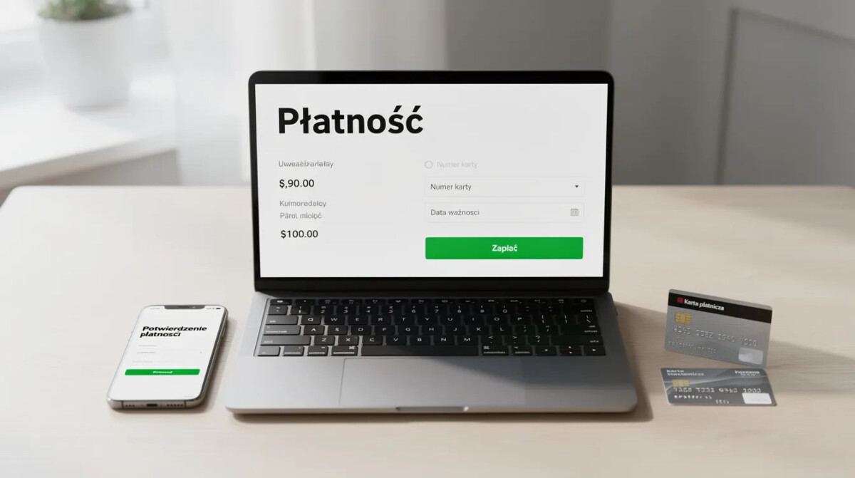 Na zdjęciu znajduje się laptop z otwartym ekranem płatności w sklepie internetowym, obok którego leży smartfon oraz karta płatnicza. Obrazek ilustruje kluczowe elementy procesu dokonywania zakupów online, podkreślając znaczenie bezpieczeństwa transakcji oraz budowania zaufania klienta.