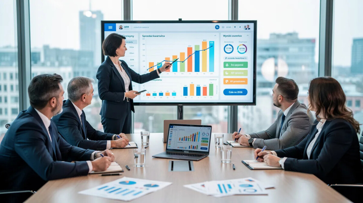 Zespół menedżerów w sali konferencyjnej analizuje dane na ekranie monitora, co ma na celu budowanie doświadczeń klientów oraz podejmowanie decyzji dotyczących strategii customer experience. Ich działania są kluczowe dla optymalizacji procesów operacyjnych i osiągania celów biznesowych.
