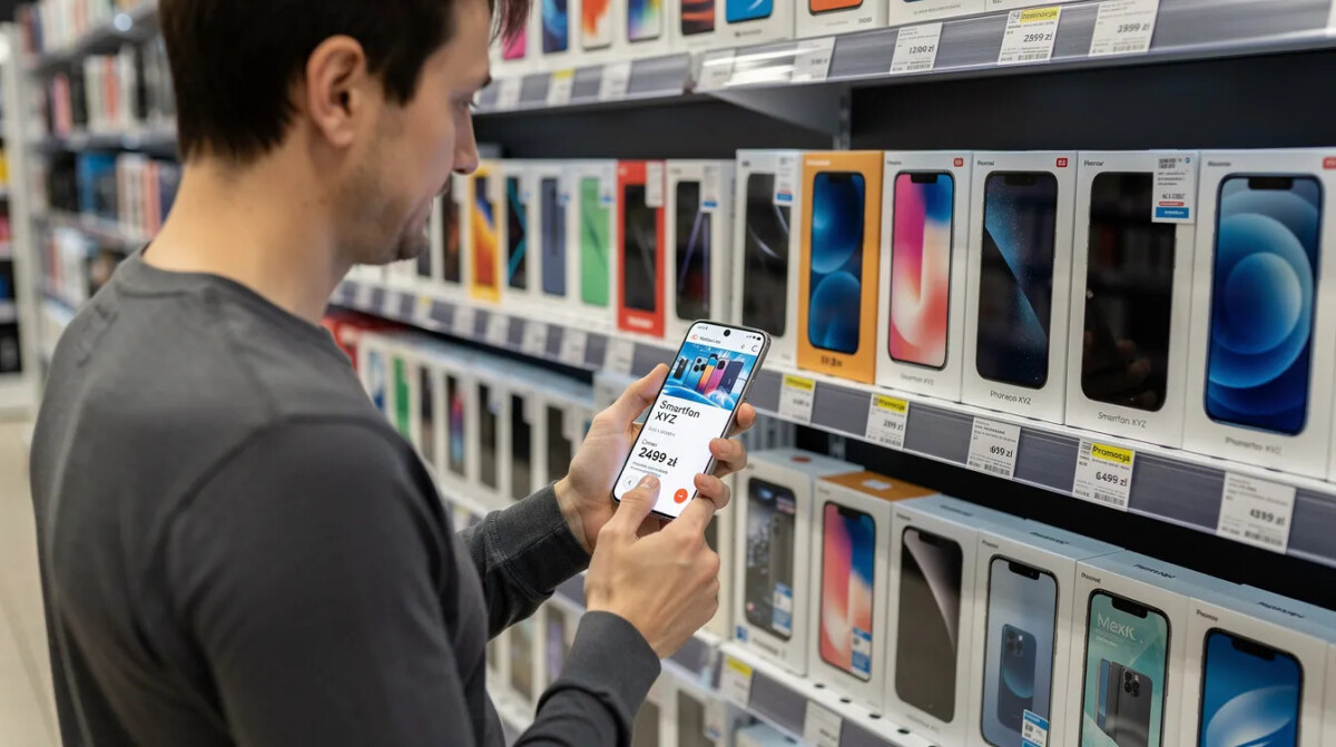 Klient stoi przy półce w sklepie z elektroniką, sprawdzając cenę produktu na swoim telefonie komórkowym. Jego działania pokazują, jak ważne jest łączenie marketingu online i offline w procesie podejmowania decyzji zakupowych.