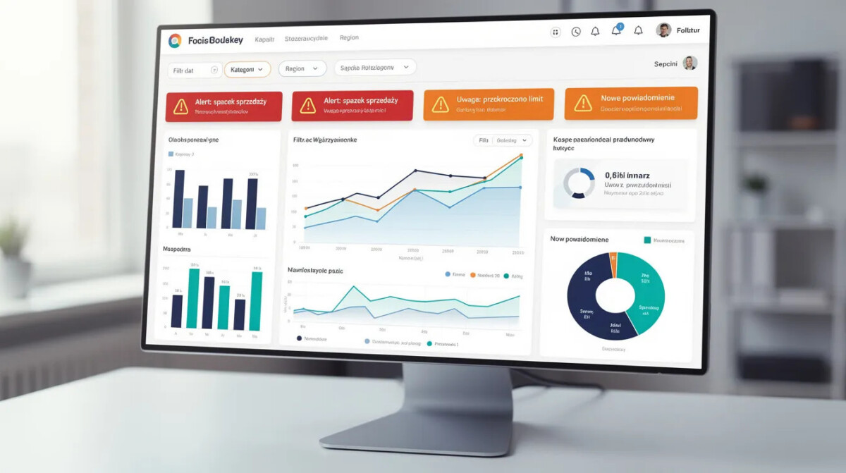 Na ekranie widoczny jest dashboard analityczny, na którym znajdują się różne wykresy przedstawiające dane ilościowe oraz alerty dotyczące wyników badań. Wizualizacja ta może być użyta do analizy danych z badania ankietowego oraz interpretacji wyników w kontekście metody jakościowej lub ilościowej.