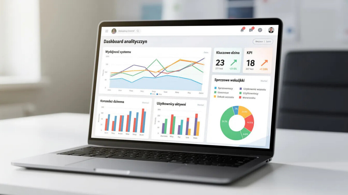 Na ekranie laptopa widoczny jest dashboard analityczny, który prezentuje różnorodne wykresy oraz wskaźniki wydajności, umożliwiające analizę doświadczenia klienta oraz satysfakcji klientów. Interfejs wizualizuje kluczowe elementy, które pomagają w budowaniu pozytywnego doświadczenia klienta oraz w podejmowaniu decyzji zakupowych.
