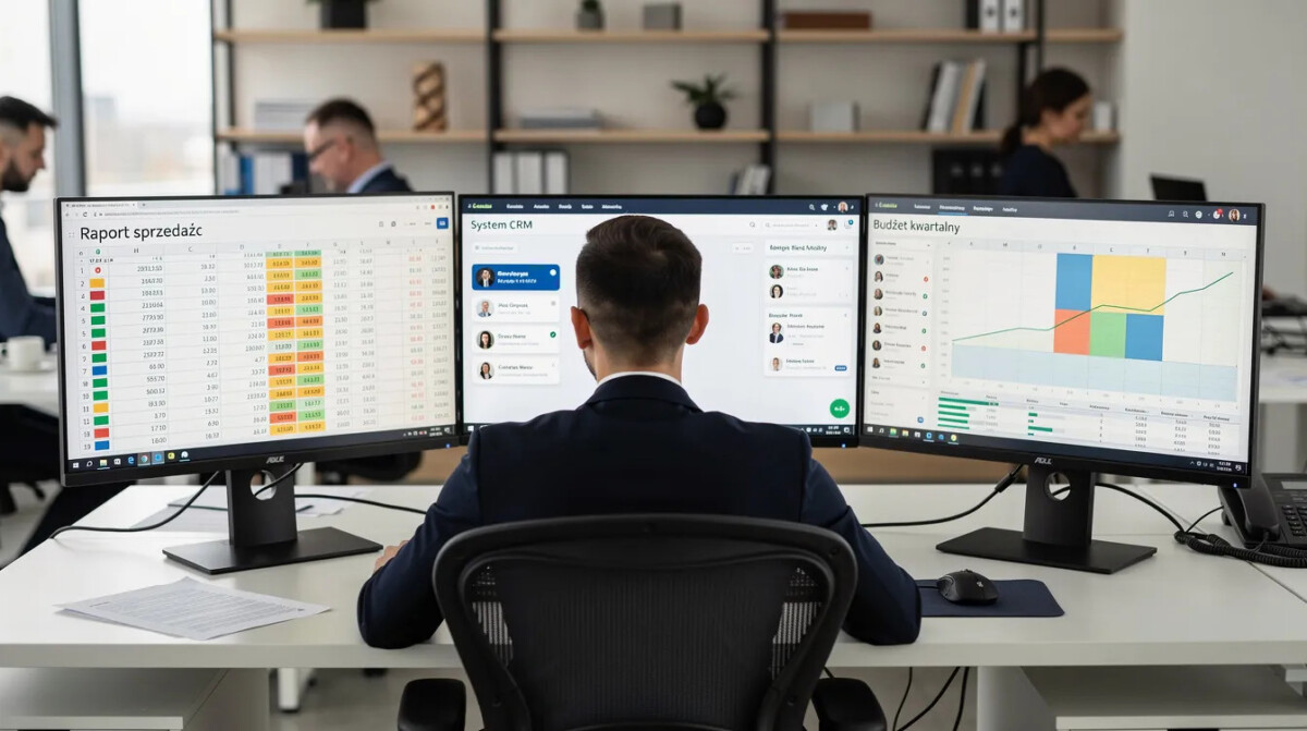 Na zdjęciu widoczny jest pracownik biurowy siedzący przed kilkoma monitorami, na których otwarte są arkusze kalkulacyjne oraz system CRM. Obraz ilustruje codzienną pracę w trakcie wdrożenia nowego systemu, podkreślając znaczenie efektywności pracy oraz zaangażowania pracowników w procesie adaptacji do nowych rozwiązań.