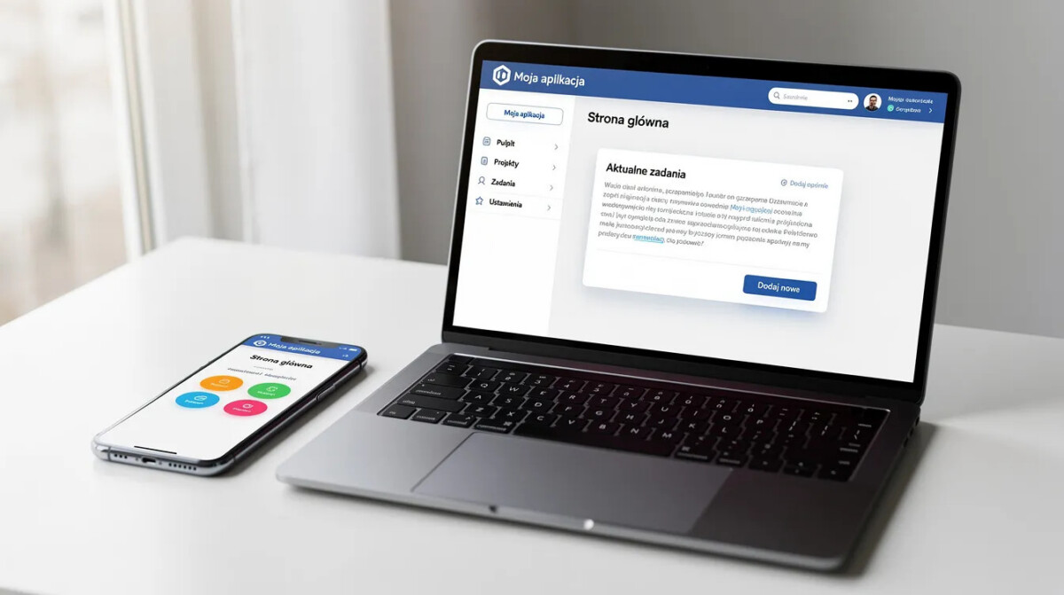 Na zdjęciu znajduje się telefon komórkowy i laptop obok siebie, oba wyświetlają różne interfejsy tej samej aplikacji, co ilustruje proces projektowania doświadczeń użytkownika oraz porównanie dwóch wersji produktu, mające na celu zrozumienie potrzeb użytkowników. Oba urządzenia mogą być używane przez osoby z różnymi rodzajami niepełnosprawności, co podkreśla znaczenie dostępności w projektowaniu produktów cyfrowych.