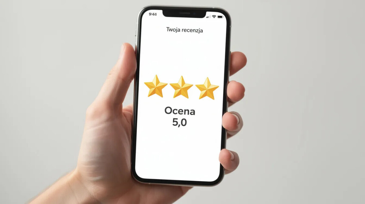 Na zdjęciu widać dłoń trzymającą smartfon, którego ekran wyświetla pięć gwiazdek, co sugeruje wysoką ocenę usług. Taki wynik może budować zaufanie w oczach potencjalnych klientów oraz zachęcać do zapoznania się z pozytywnymi recenzjami.