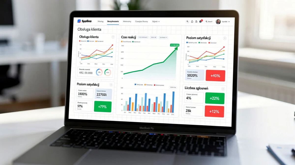 Na ekranie laptopa widoczne są wykresy analityczne oraz dashboard ilustrujący trendy wskaźników obsługi klienta, co może pomóc w rozwiązywaniu problemów klientów i poprawie jakości obsługi. Analiza danych w czasie rzeczywistym jest kluczowa dla zrozumienia potrzeb klienta i budowania jego lojalności.