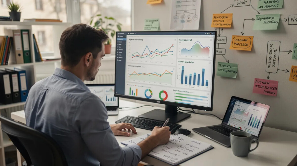 Na obrazie widzimy osobę analizującą wykresy i dane na dużym monitorze w biurze, otoczoną notatkami i diagramami, co sugeruje zaangażowanie w badania UX oraz zbieranie feedbacku od klientów w celu poprawy doświadczeń użytkowników. W tle można dostrzec elementy związane z projektowaniem doświadczeń użytkownika, co podkreśla znaczenie analizy danych w strategii biznesowej.