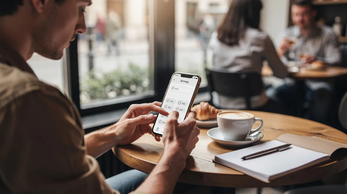 Na zdjęciu widoczna jest osoba wypełniająca ankietę online na smartfonie, siedząca w kawiarni. W tle można dostrzec inne osoby, co sugeruje atmosferę relaksu oraz interakcji społecznych, a wypełnienie ankiety może mieć wpływ na wskaźnik response rate w badaniach ankietowych.