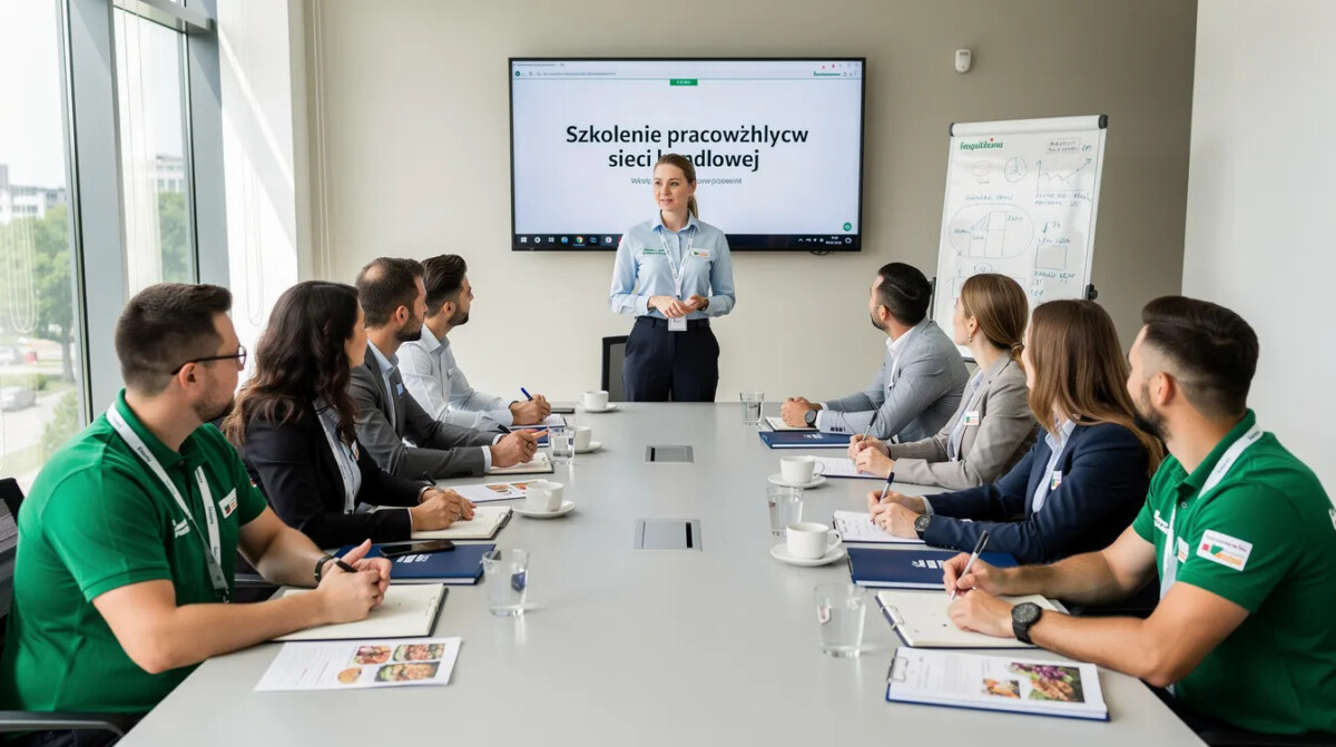Na obrazie widać zespół pracowników sieci handlowej, którzy uczestniczą w spotkaniu szkoleniowym w sali konferencyjnej. Pracownicy omawiają strategie dotyczące poprawy jakości usług oraz wykorzystania pozytywnych opinii w Google do przyciągania nowych klientów.