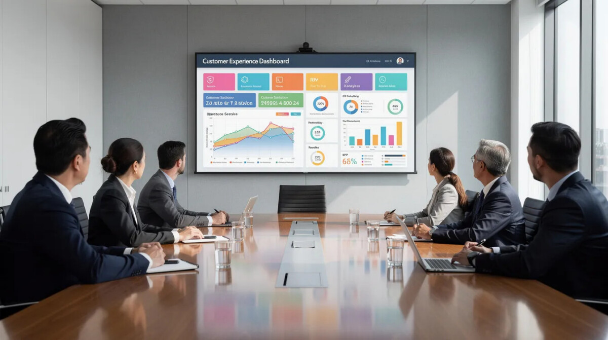 W sali konferencyjnej znajduje się duży ekran, na którym wyświetlany jest dashboard CX, ilustrujący kluczowe wskaźniki oraz analizy porównawcze dotyczące zadowolenia klientów. Prezentacja ma na celu identyfikację najlepszych praktyk oraz benchmarking wewnętrzny, co przyczynia się do ciągłego doskonalenia organizacji.