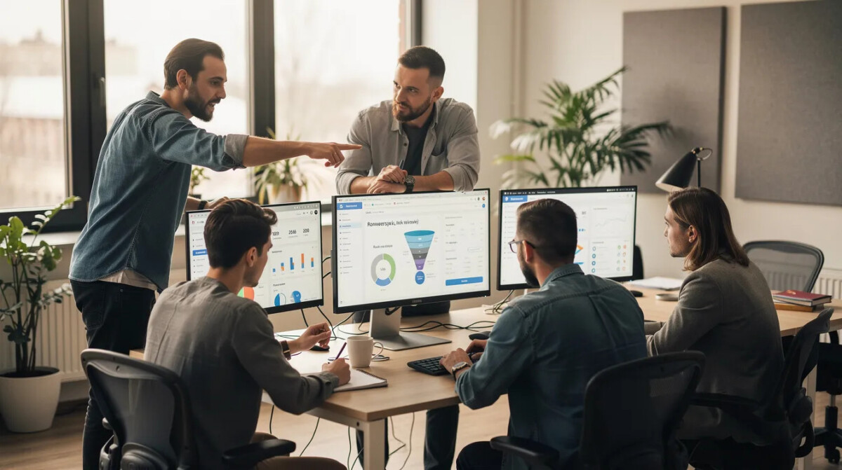 Zespół e-commerce pracuje w biurze open space, analizując dane na monitorach, co pozwala im zbierać cenny feedback od klientów. Dzięki analizie opinii klientów, mogą dostosować swoje strategie, aby poprawić współczynnik konwersji i zwiększyć satysfakcję użytkowników.