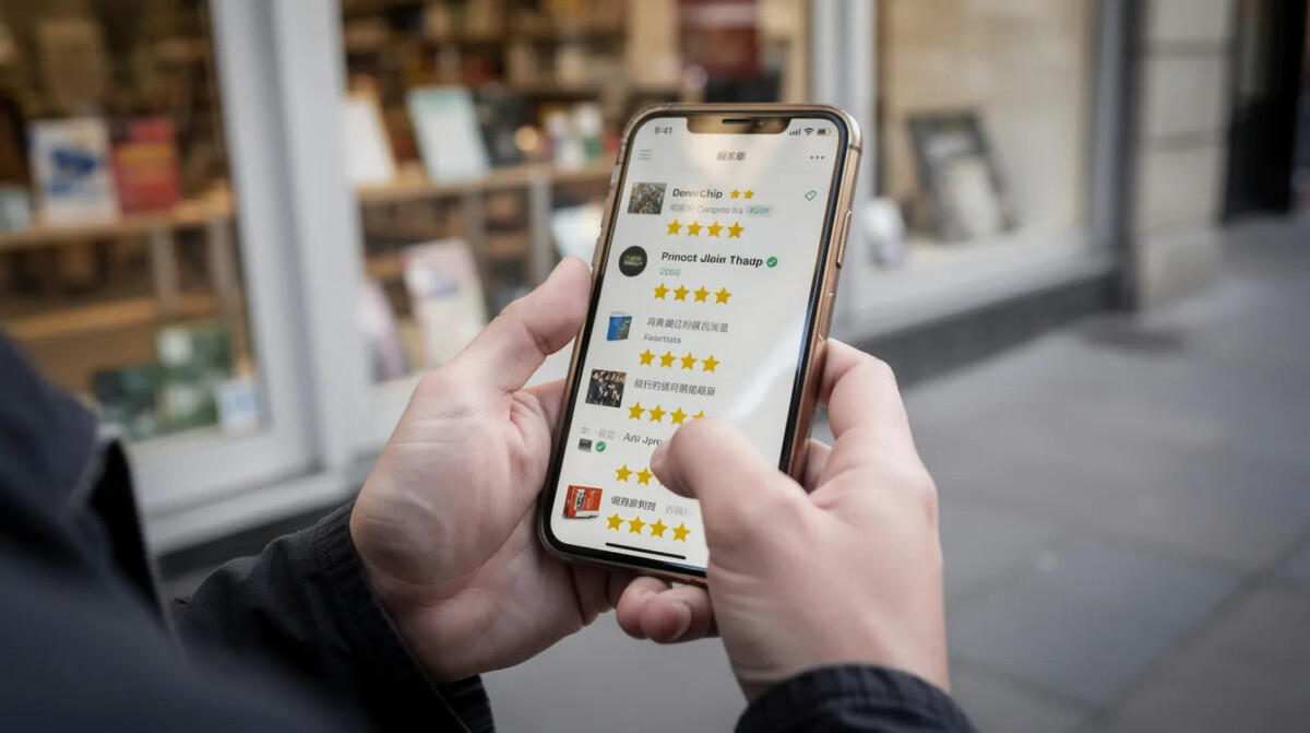 Na zdjęciu widzimy osobę przeglądającą opinie i oceny gwiazdkowe na smartfonie, z witryną sklepu w tle. To obrazek ilustrujący proces zbierania danych i analizowania opinii publicznej, co może wpływać na decyzje biznesowe oraz kształtowanie reputacji produktów.